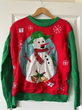 Unisex Red & Green Snowman Crewneck Holiday Sweater